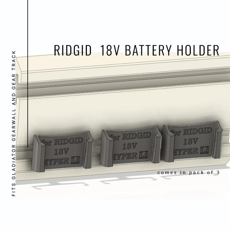 Puede incluir: Un soporte para bater&iacute;a Ridgid 18V, dise&ntilde;ado para los sistemas Gladiator Gearwall y Gear Track. La imagen muestra tres soportes de color gris oscuro, cada uno con la etiqueta "for RIDGID 18V HYPER Li". El texto "comes in pack of 3" tambi&eacute;n es visible.