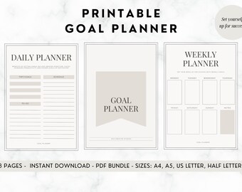 以下が含まれることがあります： デイリープランナー、ウィークリープランナー、そして「Goal Planner」と書かれたバナーが付いた、印刷可能な目標プランナー。プランナーはA4、A5、USレター、ハーフレターの4つのサイズでご利用いただけます。