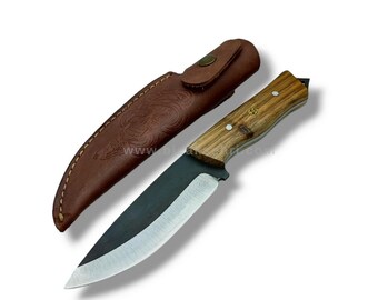 Handmade Custom Hunting Knife, Stainless Steel, Wood Handle, Leather Sheath