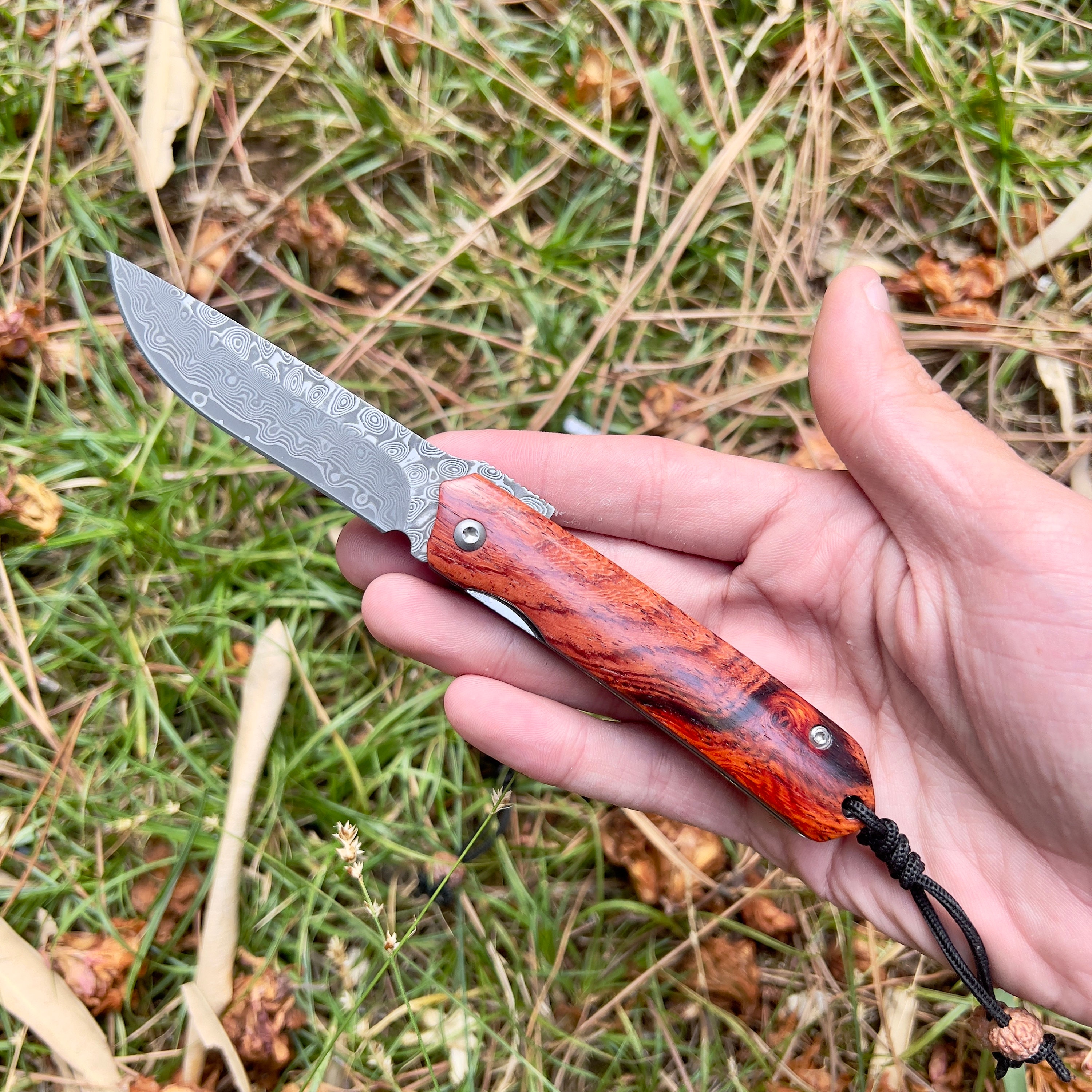 Small Folding Pocket Knife Vg10 Damascus Steel Blade Wooden Etsy