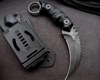 Karambit knife ring knife double edge blade D2 steel stonewash kydex sheath tactical combat edc army G10 handle claw