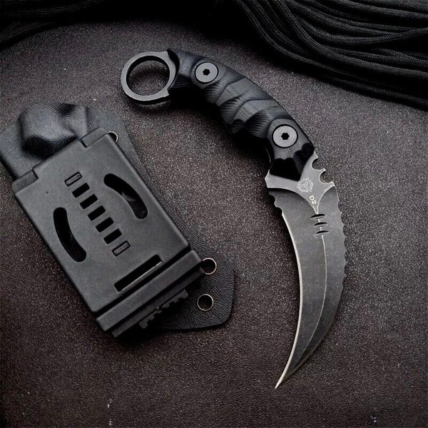 Couteau Karambit ring knife lame double tranchant acier D2 stonewash étui en kydex edc manche G10 griffe