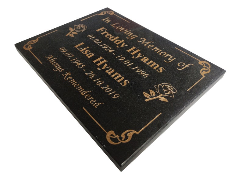 Flowers Black Granite Plaque, Engraved Memorial Grave Marker