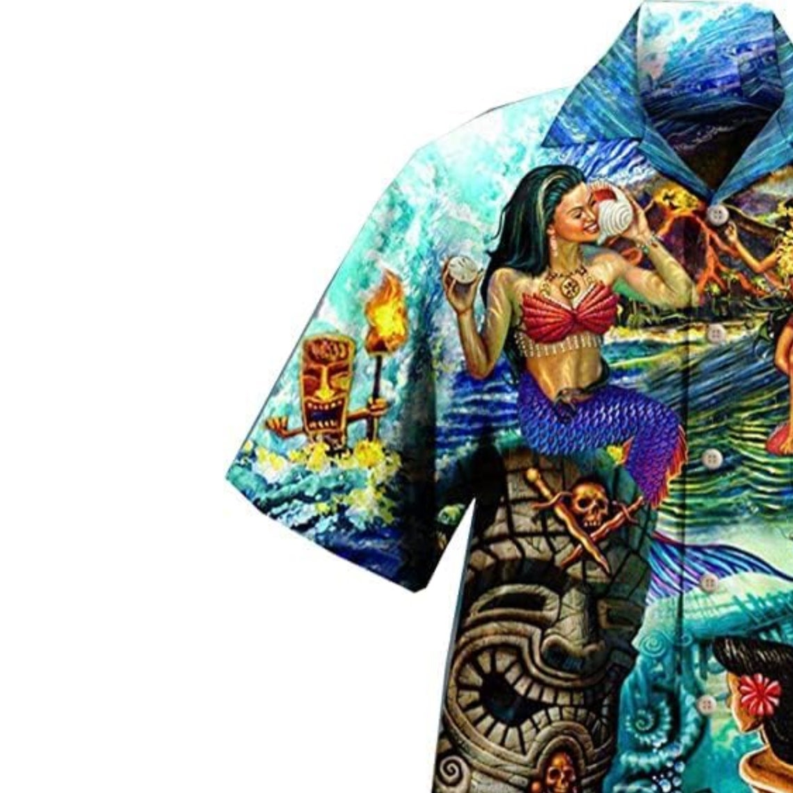 Tribal Tiki Shark Hawaiian Shirt For Men, Navy Tiki Hawaiian Shirts HE0162