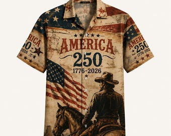 Cowboy America 250 Hawaiian Shirt, Patriotic Western Aloha Shirt, Vintage USA Flag Button Up, 1776 2026 Cowboy Shirt, Retro Western Shirt