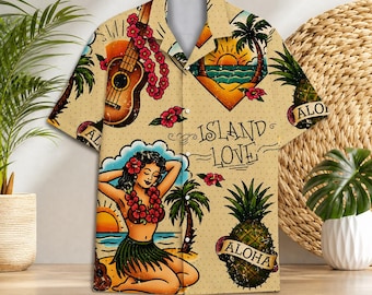Vintage Aloha Hawaiian Shirt, Tropical Guitar & Hula Girl Print, Summer Beach Shirt for Men Women Youth, Island Vacation Button Up Gift