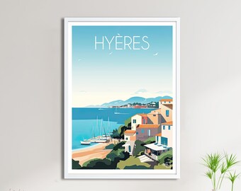Op de afbeelding: Een kleurrijke illustratie van een kustplaats met de tekst "HYERES" bovenaan. De illustratie toont een blauwe lucht, een blauwe zee, een zandstrand en een cluster van kleurrijke gebouwen.