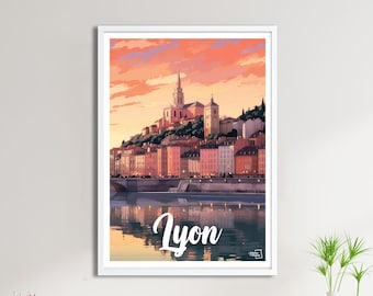 May include: A framed art print featuring a stylized illustration of Lyon, France. The artwork depicts a cityscape with buildings along a river, under a sunset sky. The word "Lyon" is written in cursive at the bottom.