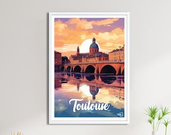 May include: A vintage-style poster featuring a colorful illustration of a bridge over a river in Toulouse, France. The poster has a sunset sky with a large sun in the background. The text "Toulouse" is written in white cursive letters at the bottom of the poster.