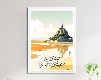 May include: A framed art print featuring a stylized illustration of Le Mont Saint-Michel. The artwork depicts the historic abbey on a tidal island, with a person standing on the beach. The print has a white frame and the text "Le Mont Saint-Michel".