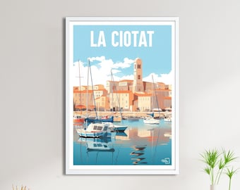 Op de afbeelding: Een kleurrijke illustratie van een haven in La Ciotat, Frankrijk. De afbeelding toont een stadsbeeld met een kerktoren, boten in het water en een blauwe lucht met witte wolken.