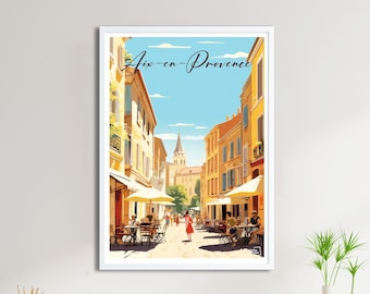 May include: A colorful illustration of a street scene in Aix-en-Provence, France. The image features a narrow street lined with yellow buildings, people walking and sitting at outdoor cafes, and a church in the distance.