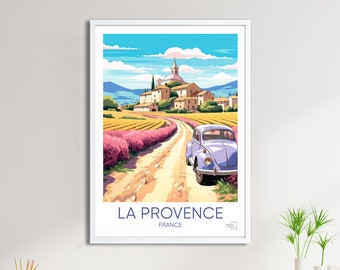 May include: A vintage blue car drives down a dirt road through a field of lavender flowers in Provence, France. The text "LA PROVENCE" and "FRANCE" is printed below the image.