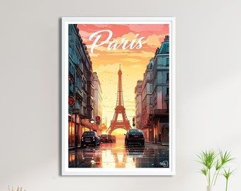 May include: A vintage-style travel poster featuring a view of the Eiffel Tower in Paris, France. The poster has a warm, sunset-like color palette and depicts a street lined with buildings, with cars driving towards the iconic landmark. The text "Paris" is written in a stylized font at the top of the poster.