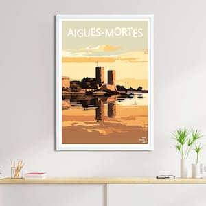 Aigues-Mortes Poster – Vintage Reiseposter – Mittelalterliches Stadtposter – Wanddekoration mit Kulturerbe, Mittelmeer und Geschichte
