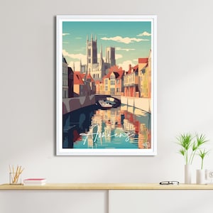 Affiche vintage Amiens – Travel Poster – Illustration rétro Picardie – Cathédrale et Hortillonnages