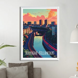 Peut inclure: Une illustration colorée de l'horizon de la ville de Boulogne-Billancourt, en France. L'image présente une rivière serpentant à travers la ville, avec des bâtiments et des ponts en arrière-plan. Le ciel est d'un orange et d'un rose vifs, avec des nuages.