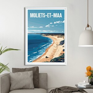 May include: A retro-style travel poster featuring a scenic view of a beach with blue water and white sand. The poster has the text "Moliets-Et-Maa" at the top.
