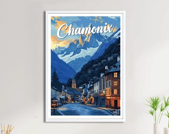 May include: A vintage travel poster showcasing a scenic view of Chamonix, France. The poster depicts a charming village nestled in the French Alps, with snow-capped mountains in the background. The text "Chamonix" is prominently displayed in a stylised font.