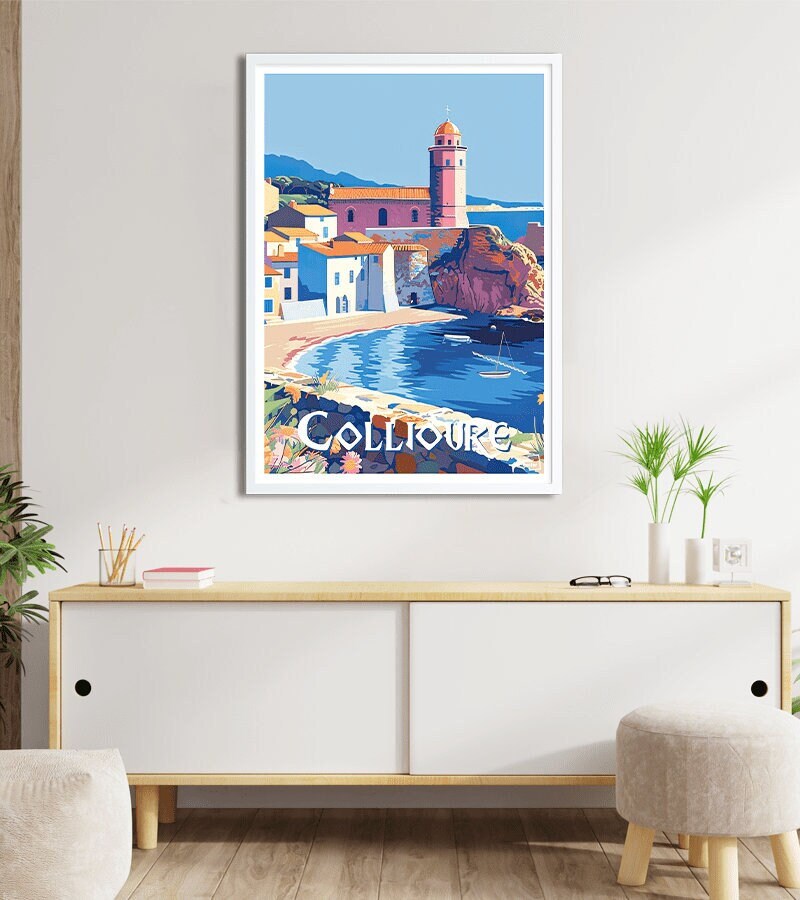 Collioure Travel Poster Vintage – Côte Vermeille Wall Art Print, French Mediterranean Village Illustration