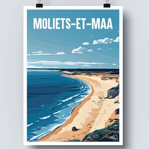 May include: A colourful illustration of a beach scene with a sandy shore, blue ocean waves, and a green grassy hill in the background. The text "MOLLETS-ET-MAA" is at the top of the image.