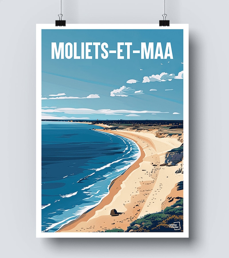 May include: A colourful illustration of a beach scene with a sandy shore, blue ocean waves, and a green grassy hill in the background. The text "MOLLETS-ET-MAA" is at the top of the image.