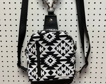 Black and white canvas, vinyl crossbody, backpack, sling bag