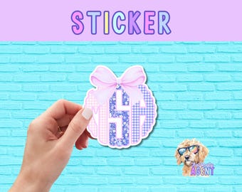 Personalized Pink Plaid and Purple Floral Scalloped Monogram Vinyl Sticker with Bow | Custom Gift for Her |Luggage Sticker |Handmade Product