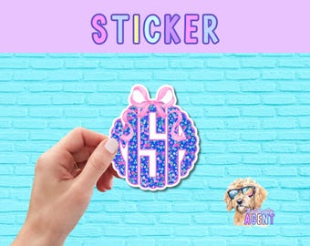 Personalized Blue and Pink Floral Scalloped Monogram Vinyl Sticker with Bow | Custom Gift for Her | Luggage Sticker | Handmade Product