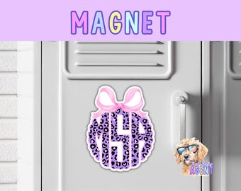 Personalized Pink and Purple Leopard Print Scalloped Monogram MAGNET with Bow | Gift for Her | Handmade Product | Custom Fridge Magnet