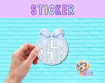 Personalized Blue Floral Scalloped Monogram Vinyl Sticker with Bow | Custom Preppy Gift for Her | Luggage Sticker | Handmade Product