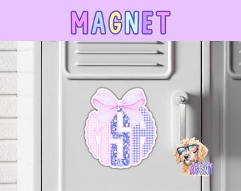 Personalized Pink Plaid and Purple Floral Scalloped Monogram MAGNET with Bow | Gift for Her | Handmade Product | Custom Fridge Magnet
