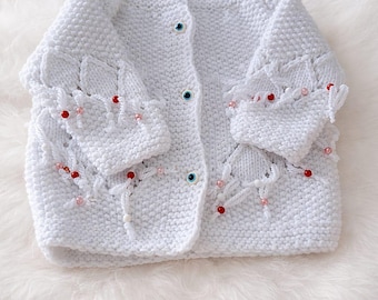 Handmade White Baby Girl Cardigan – Soft Cotton Knitted Infant Sweater