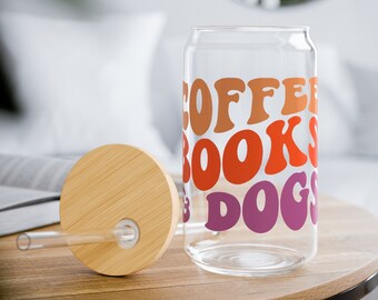 Coffee Books and Dogs Sipper Glass Coffee Cup Dog Lover Tumbler Book Lover Retro Glass Tumbler Funny Reading Drink Animal Lover Cup for Her