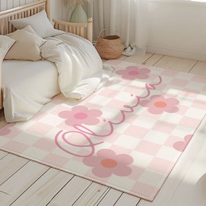 Personalized Checkerboard Rug for Nursery Gift Kids Room Retro Carpet Pink First Baby Gift Groovy Rug Girl Baby Shower Gift Housewarming