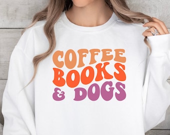 Retro Coffee T-Shirt Books Sweatshirt Dogs Tee Funny Reading Shirt Dog Lover Gift Coffee Lover Book Lover Gift Dog Mom Shirt Summer Vacation