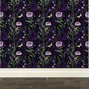 May include: A seamless pattern featuring a dark purple background with a repeating design of light purple flowers, green leaves, and yellow butterflies.
