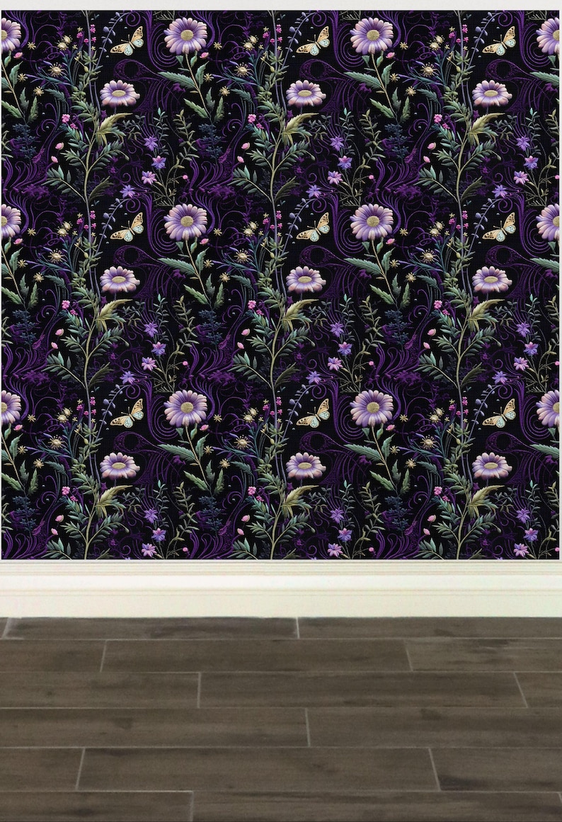 May include: A seamless pattern featuring a dark purple background with a repeating design of light purple flowers, green leaves, and yellow butterflies.