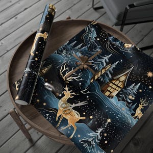 Christmas Wrapping Paper Holiday Gift Wrap Winter Wonderland Paper Deer Christmas Paper Snowy Forest Gift Wrap Winter Scene Wrapping Paper Dark Blue Christmas Paper