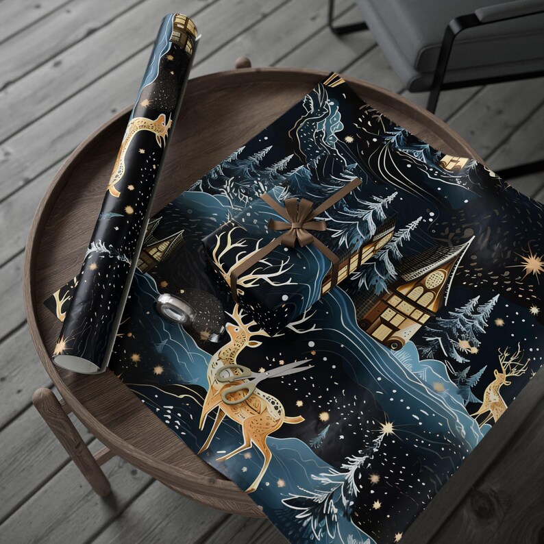 Christmas Wrapping Paper Holiday Gift Wrap Winter Wonderland Paper Deer Christmas Paper Snowy Forest Gift Wrap Winter Scene Wrapping Paper Dark Blue Christmas Paper