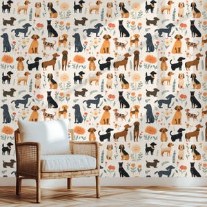 Dog Pattern Wallpaper Black Floral Design Pet Room Accent Nursery Wall Decor Peel And Stick Application Easy Install Home Decoration Farm Style Art Premium Polyester Material Earth Tone Colors Puppy Theme Collection Modern Interior Design