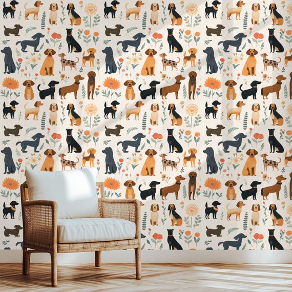 Dog Wallpaper Kids Floral Pattern Wall Accent Pet Room Nursery Decor Animal Dog Art Puppy Sticker Home Design Farm Decor Animal Print Wall
