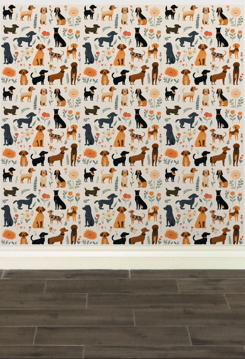 May include: A seamless pattern featuring a variety of dogs in different poses and colors, including brown, black, and white, on a cream background with floral accents.