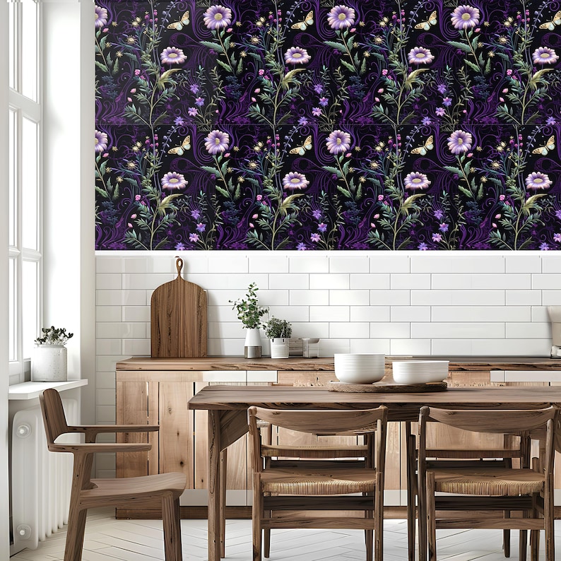 May include: A kitchen with a dining table and chairs. The wall behind the table is covered in wallpaper with a purple floral pattern. The wallpaper features a repeating pattern of purple flowers, butterflies, and green leaves on a black background.