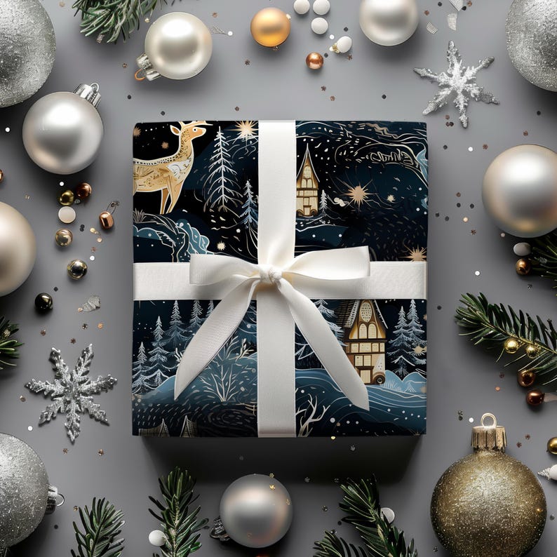May include: A wrapped gift with a white ribbon and bow, featuring a dark blue and gold winter scene with a deer and houses. The gift is surrounded by silver and gold Christmas ornaments and evergreen sprigs on a gray surface.