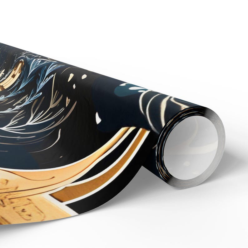 May include: Rolled-up decorative paper with an abstract design. The artwork features a dark blue background with gold and white floral and geometric elements. The paper is rolled up, revealing the white interior.