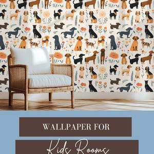 May include: A white background with a repeating pattern of colorful dogs and flowers. The dogs are in various poses and breeds, including dachshunds, terriers, and retrievers. The flowers are in shades of pink, orange, and yellow. The text "WALLPAPER FOR Kids Rooms" is at the bottom of the image, with the text "LE DESIGNS US" below it.