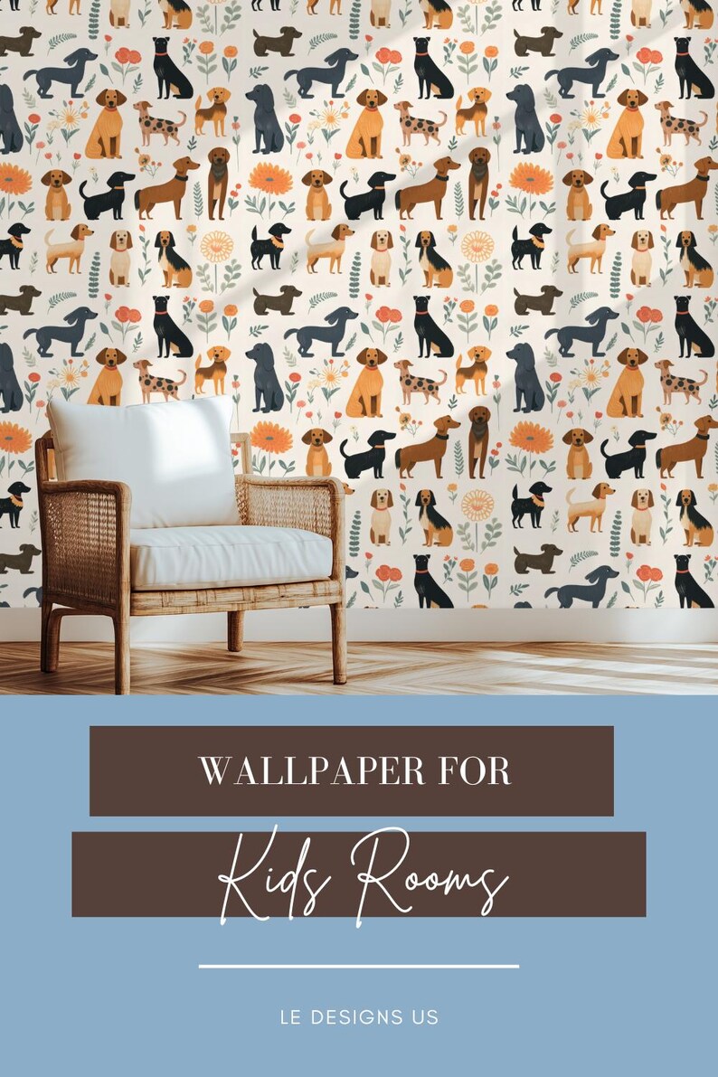 May include: A white background with a repeating pattern of colorful dogs and flowers. The dogs are in various poses and breeds, including dachshunds, terriers, and retrievers. The flowers are in shades of pink, orange, and yellow. The text "WALLPAPER FOR Kids Rooms" is at the bottom of the image, with the text "LE DESIGNS US" below it.