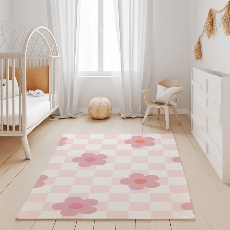 Flower Rug for Girls Room Colorful Pink Watercolor Rug for Playroom 5x7 Checkered Rug for Nursery Peach Home Decor Non Slip Rug Retro Decor