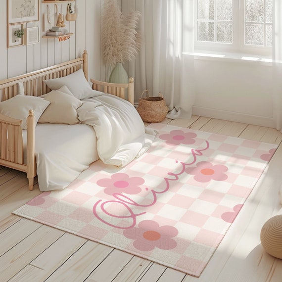 Personalized Checkerboard Rug for Nursery Gift Kids Room Retro Carpet Pink First Baby Gift Groovy Rug Girl Baby Shower Gift Housewarming